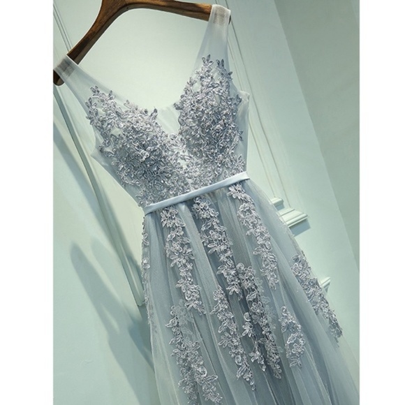 Long Tulle Appliqué Sequin Beaded Prom Dress - Picture 2 of 7